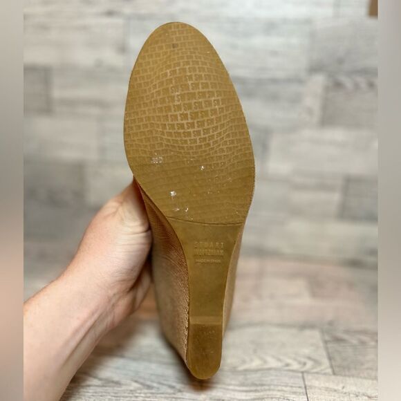 Stuart Weitzman tan embossed wedges with tortoise shell accent buckle size 7.5 - Picture 9 of 16
